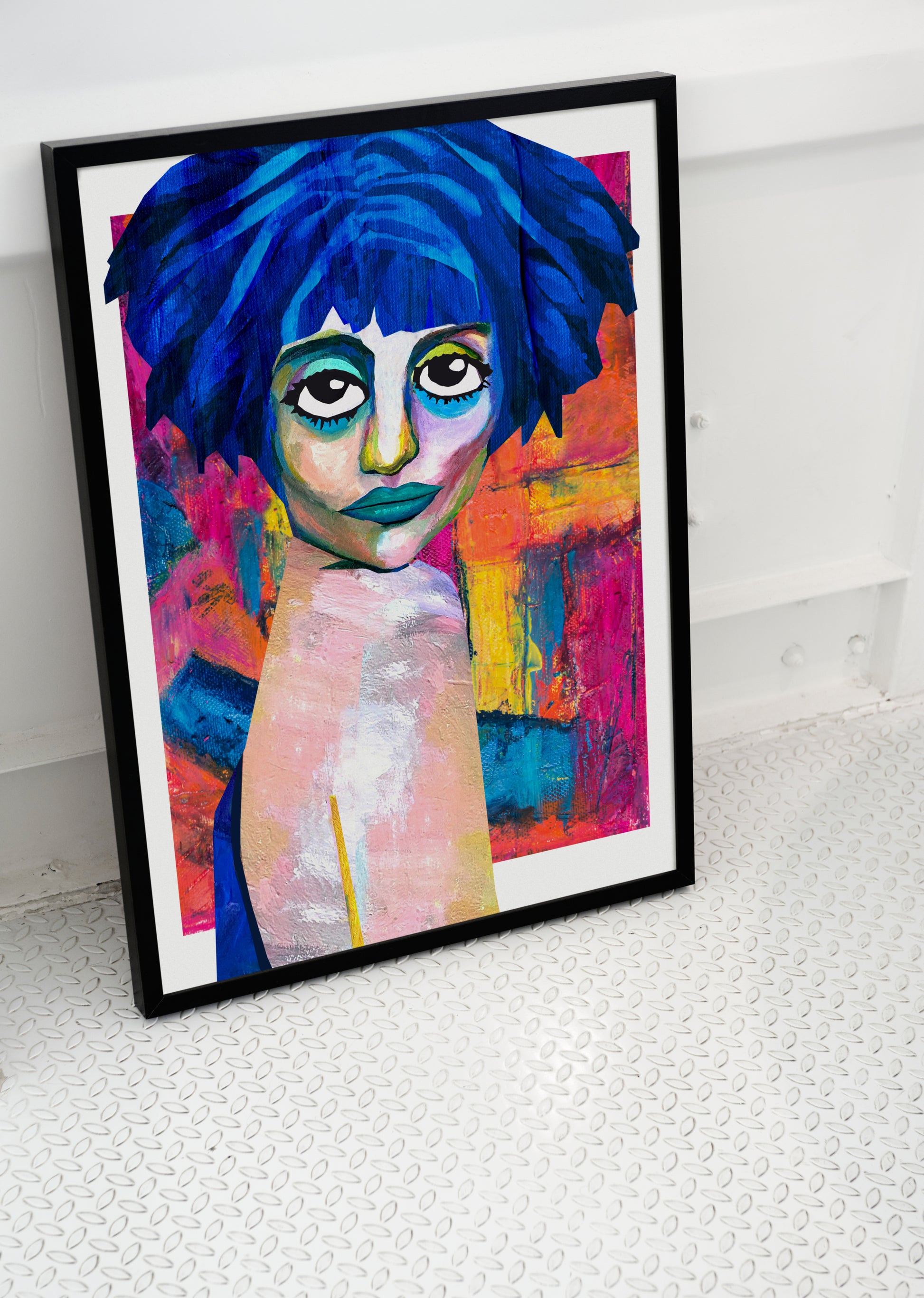 Vintage female with explosive bursts of color art print, big eyes 