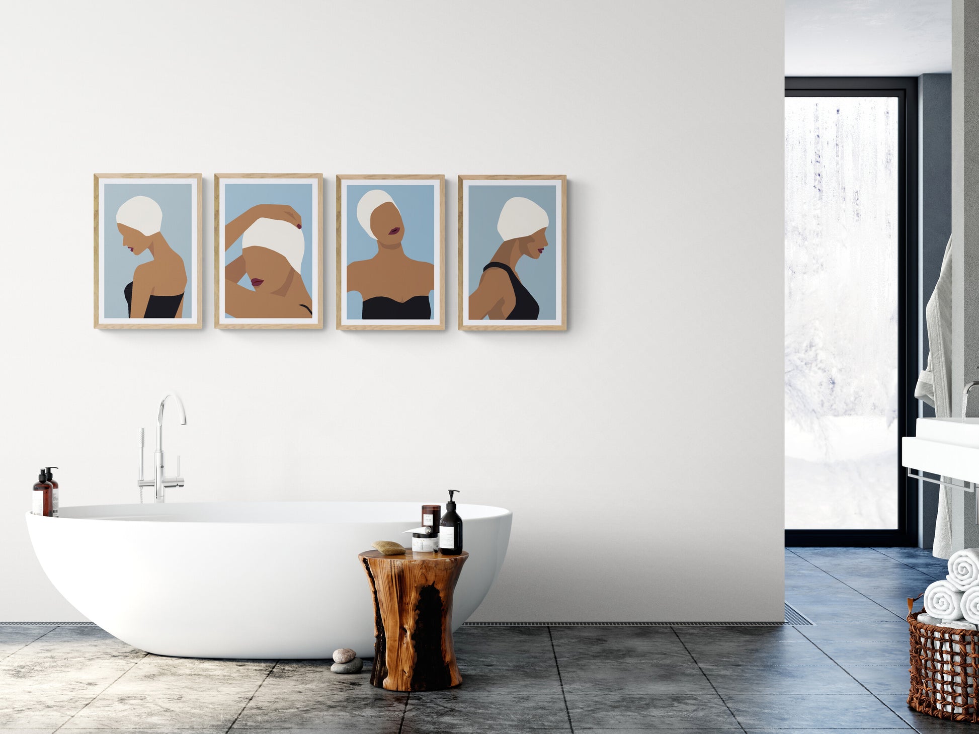 Modern bathroom minimal art print set with cool earth tones and calming serene set