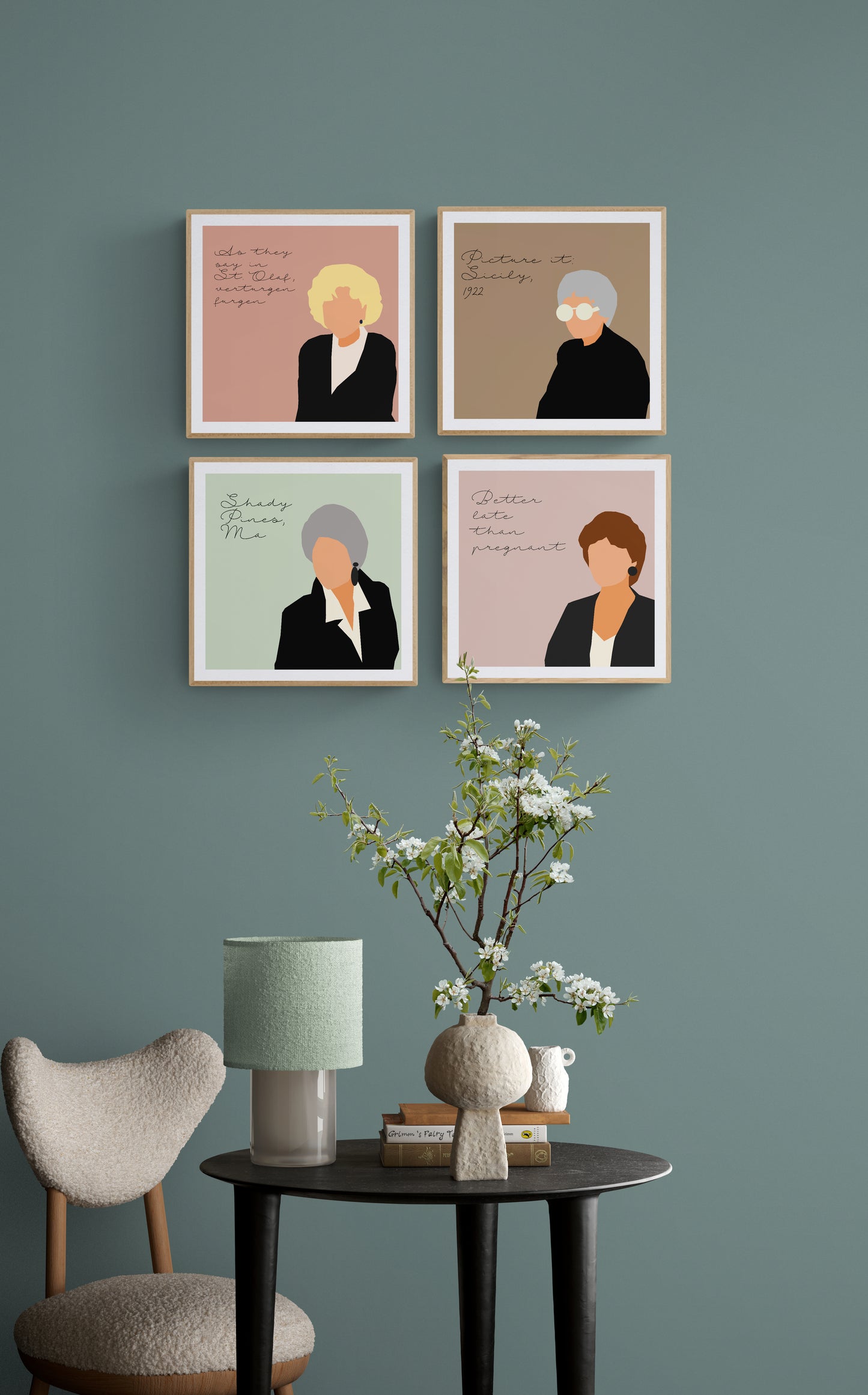 Rose Nylund, Sophia Petrillo, Blanche Devereaux, Dorothy Zbornak minimal portraits with funny quotes from the tv show The Golden Girls