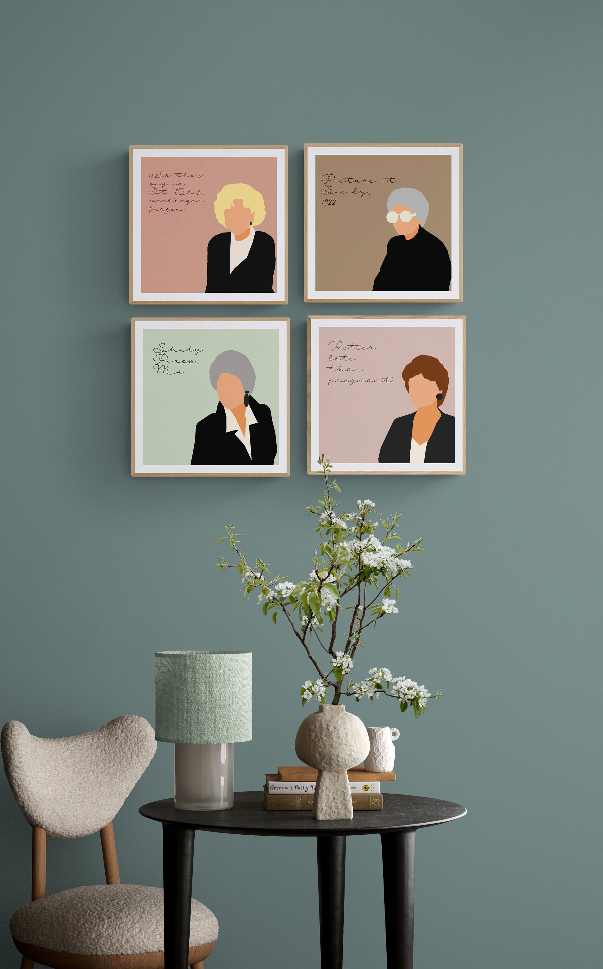 Rose Nylund, Sophia Petrillo, Blanche Devereaux, Dorothy Zbornak minimal portraits with funny quotes from the tv show The Golden Girls