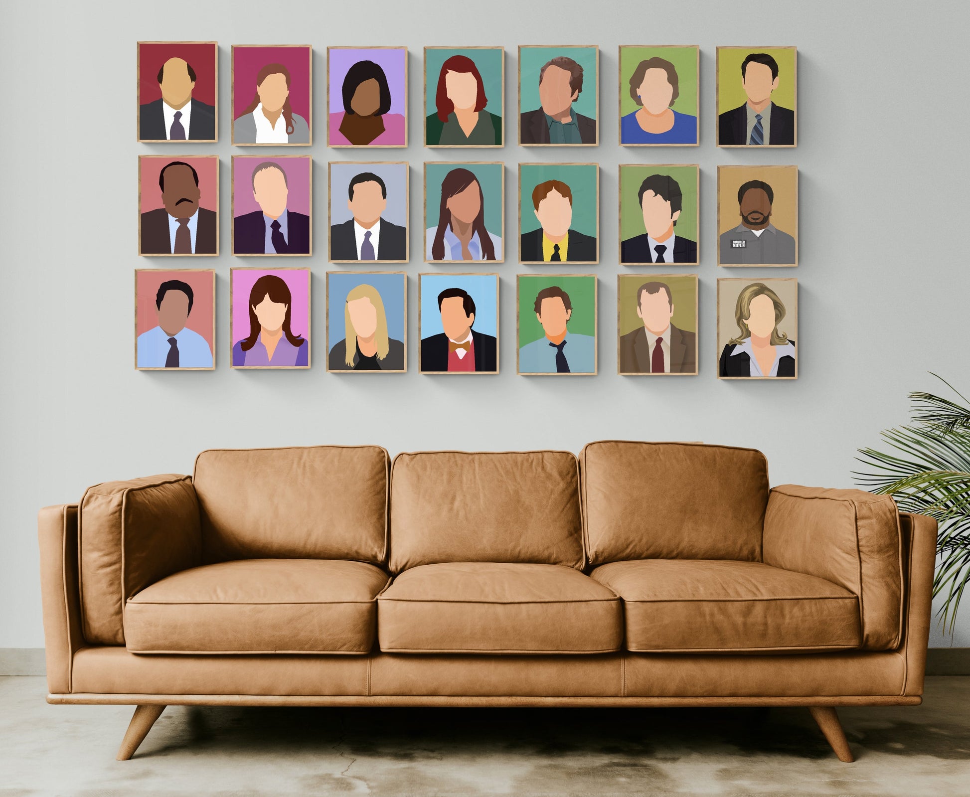 Minimal Portrait Set of The Office tv show Characters featuring Michael Scott, Dwight Schrute, Jim Halpert, Pam Beesy, and the full 21 set of characters