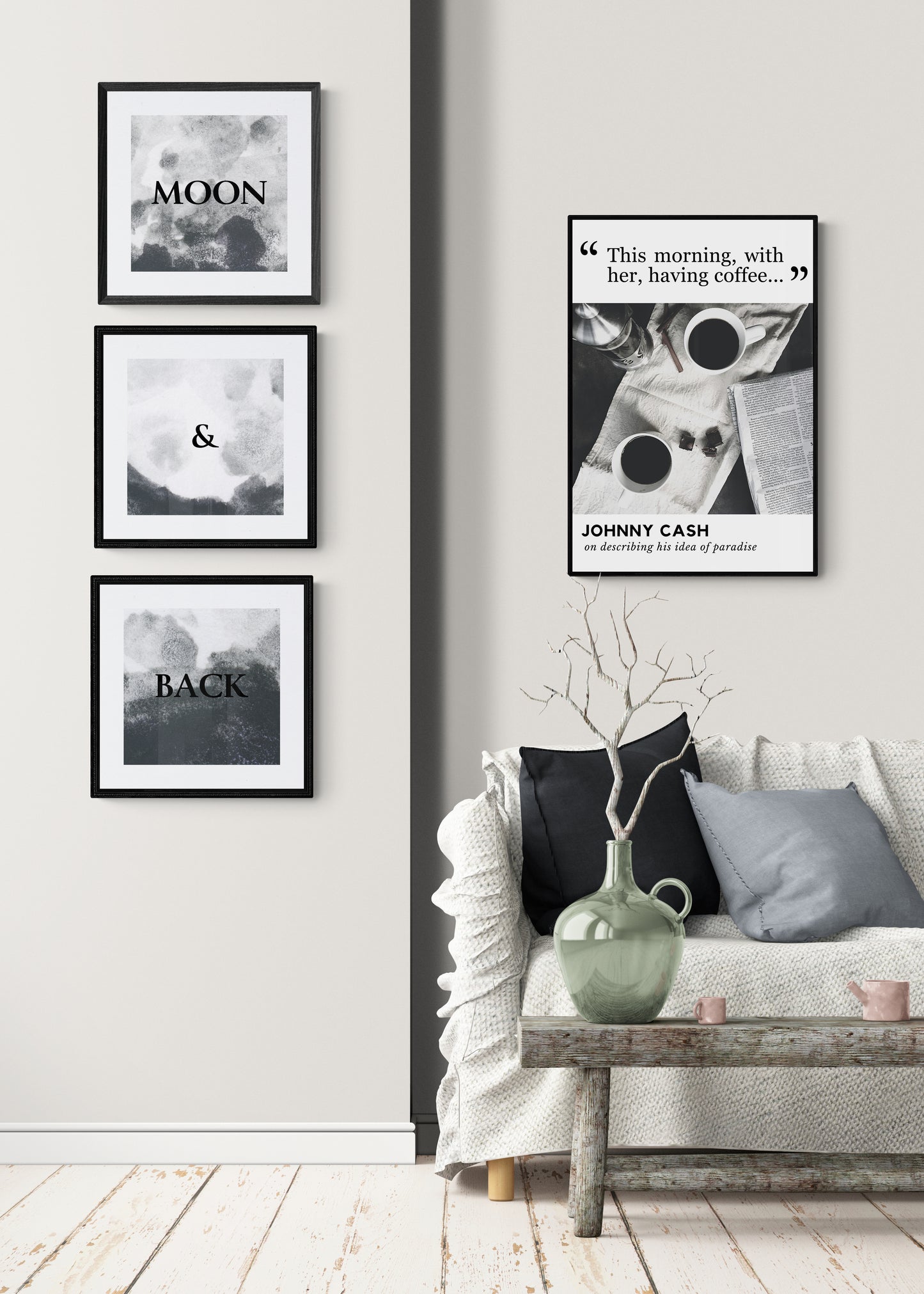 Moon and back art print in black and white for first paper couple anniversary 
