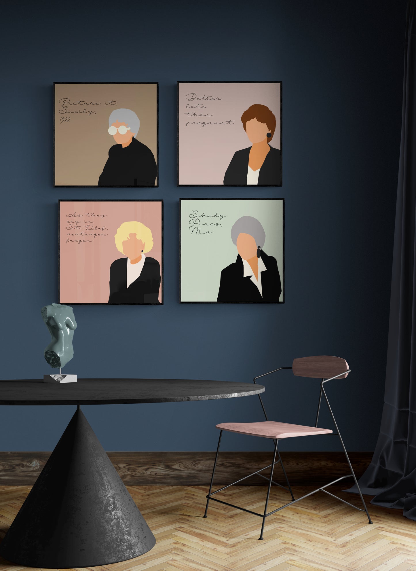 Golden Girls Art Portraits featuring Dorothy, Rose, Blanche, and Sophia in neutral, pastel colors