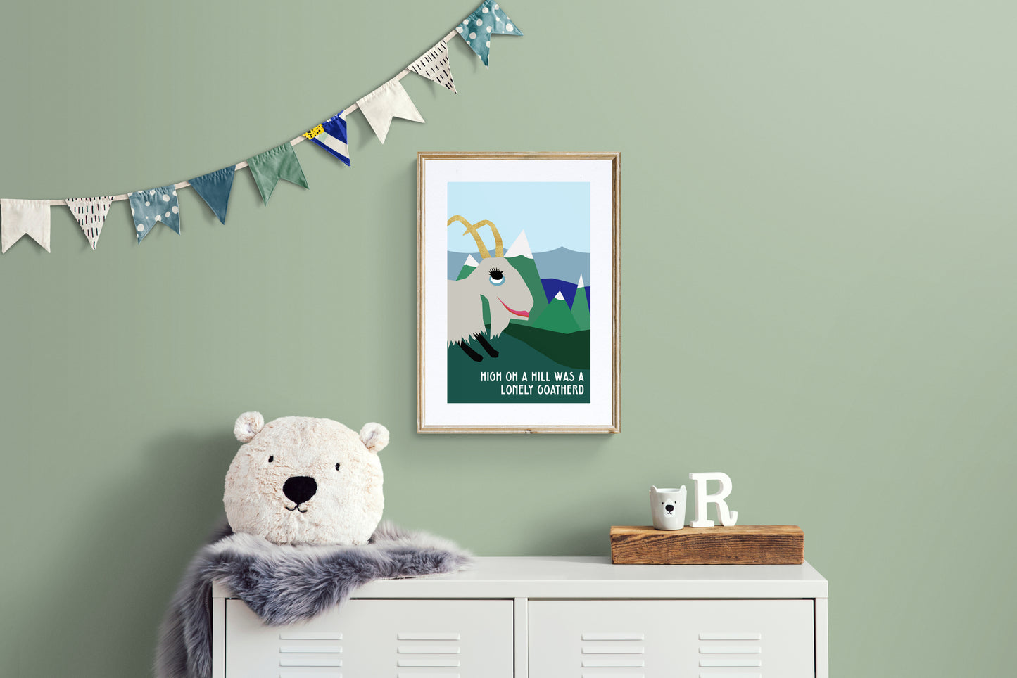 High on a hill was a lonely goatherd - sound of music art poster for kids room featuring goat puppets from the movie, Sound of Music