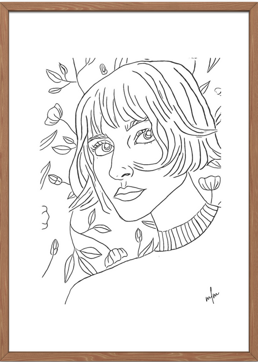 Line Art Minimal Portrait of a Woman with Floral Pattern