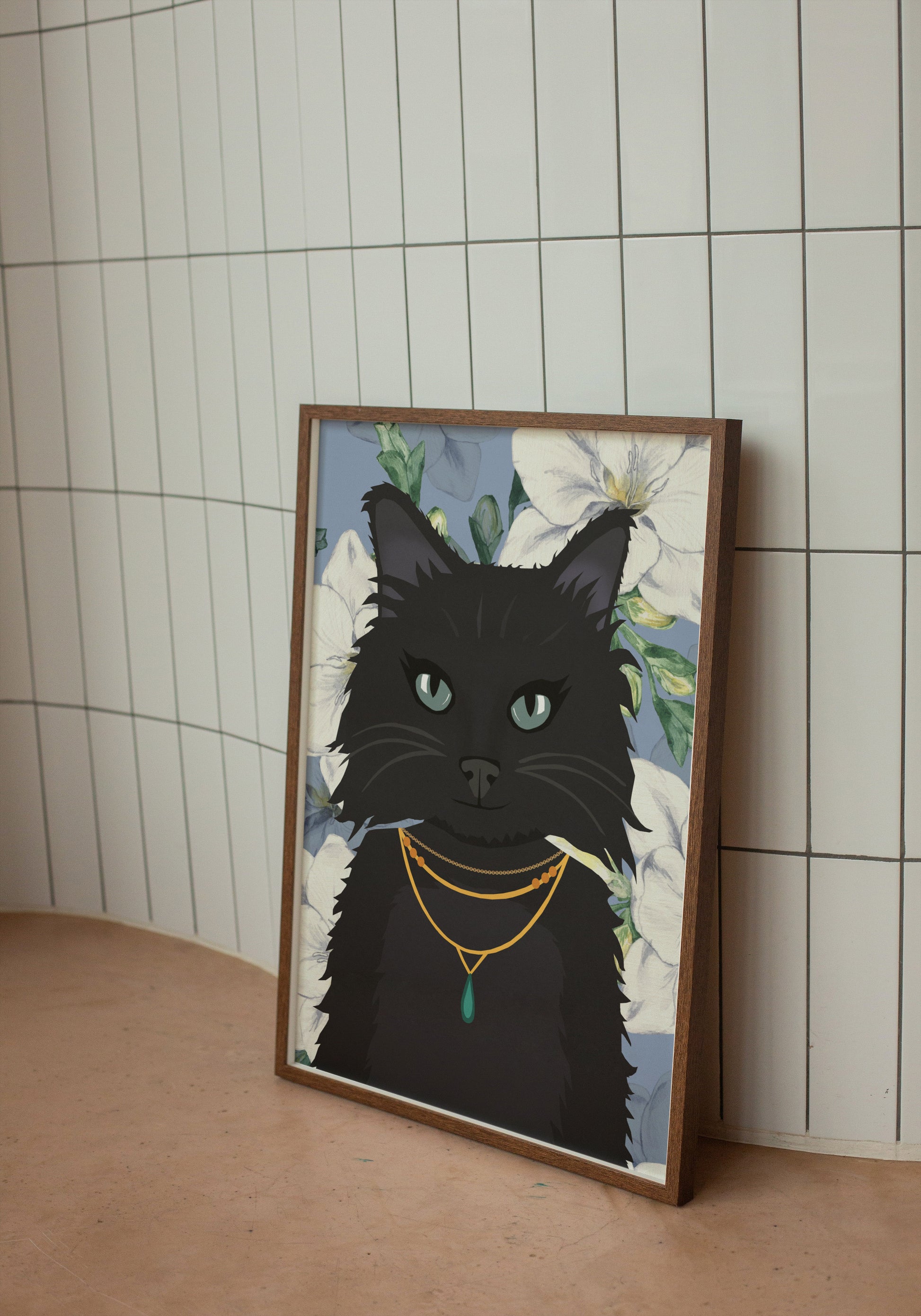 Black cat art print with floral blue and white background. Cat is wearing necklace.