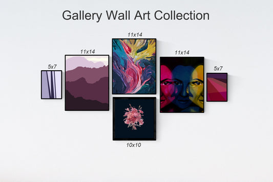 Gallery Wall Art Collection, pink purple and blue art prints, portrait and landscape artwork, abstract art