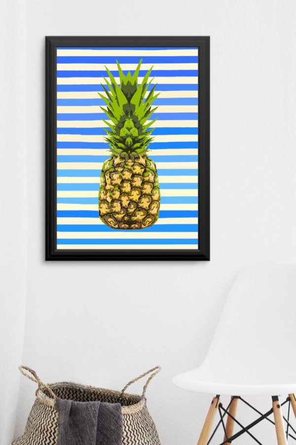 Pineapple pop art print with blue and white stripes