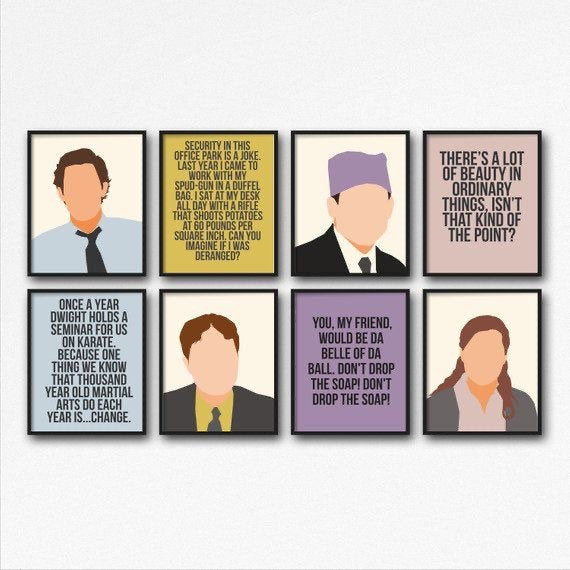 The Office Character Print Set with Portraits and Quotes featuring Jim Halpert, Prison Mike, Dwight Schrute, and Pam Beesly
