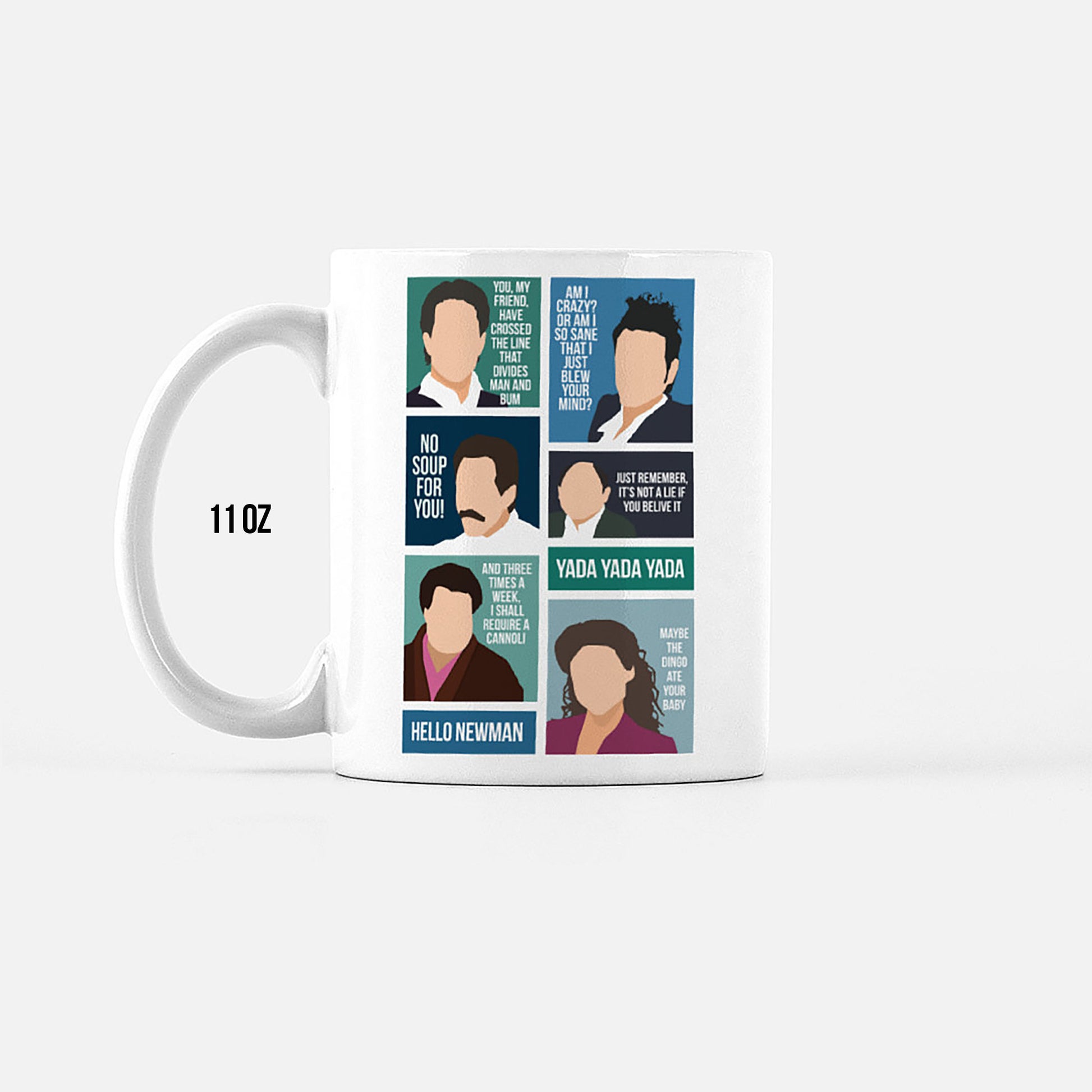 Seinfeld Mug featuring Jerry, Kramer, George, Elaine, Newman, and Quotes