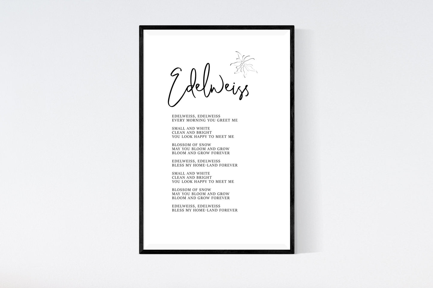 Edelweiss song lyrics in minimal black and white style featuring full lyrics "every morning you greet me, small and white, clean and bright, you look happy to meet me.."