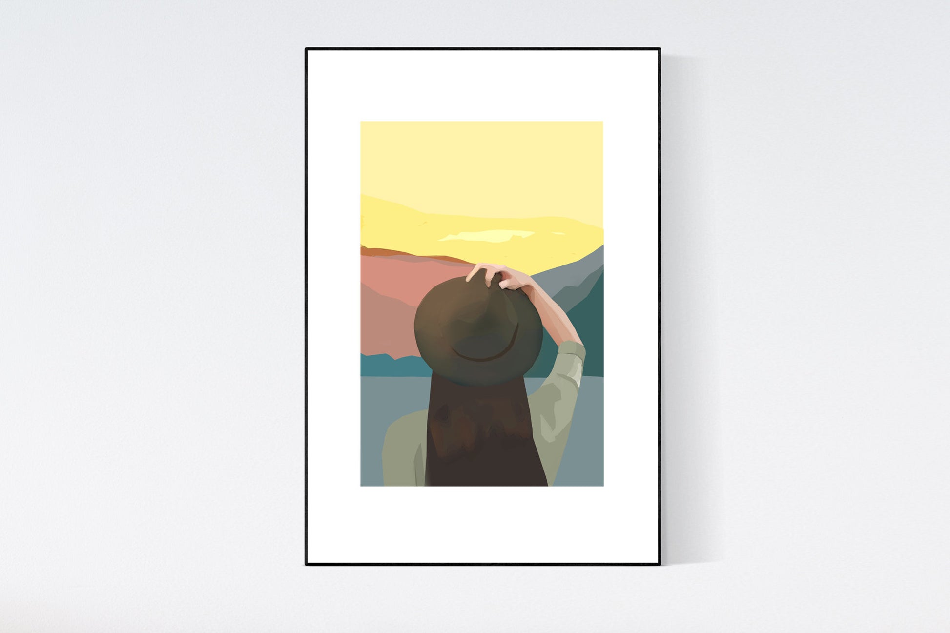 Illustration of Yosemite at sunset with woman overlooking mountains