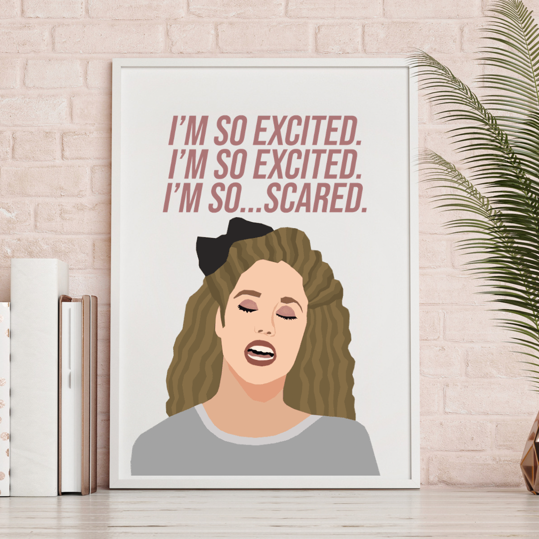minimal portrait of jesse spano with quote "i'm so excited. i'm so excited. i'm so scared." from saved by the bell