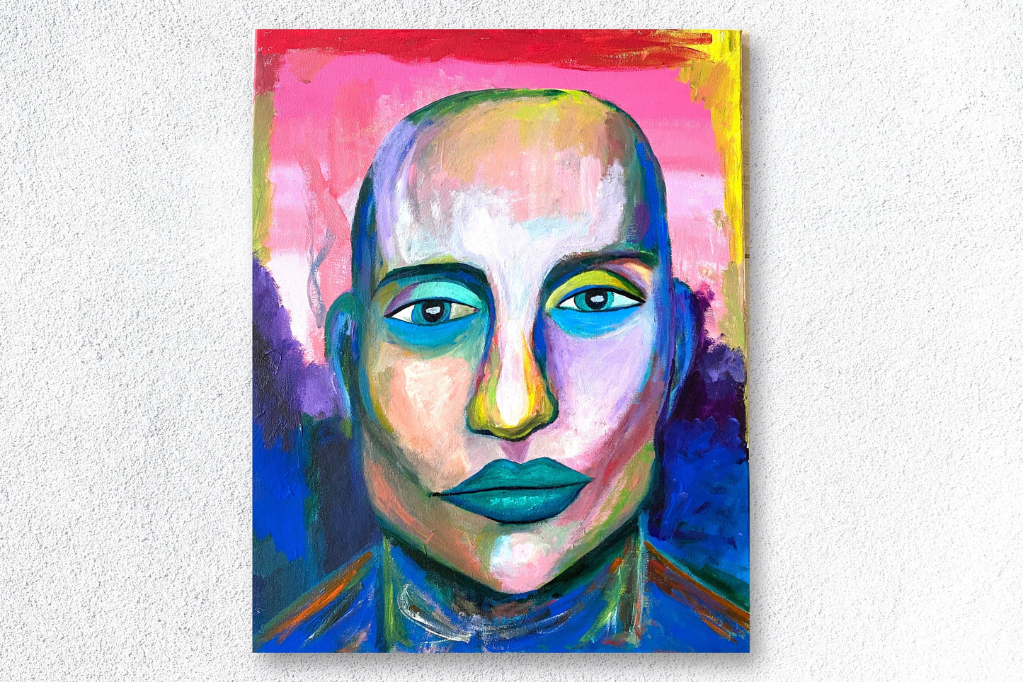 Colorful Canvas Painting of Woman, Pink and Blue Face, Large Original Artwork